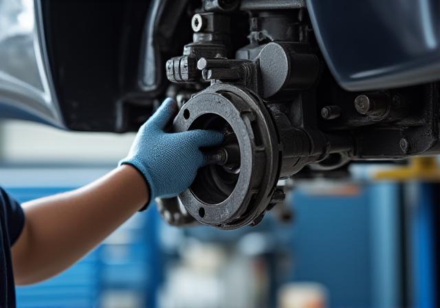 Механик Лесного Автосервиса проводит инспекцию раздаточной коробки на подъемнике