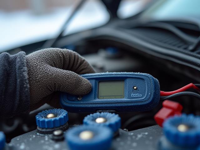Мастер проверяет аккумулятор автомобиля тестером в морозный день